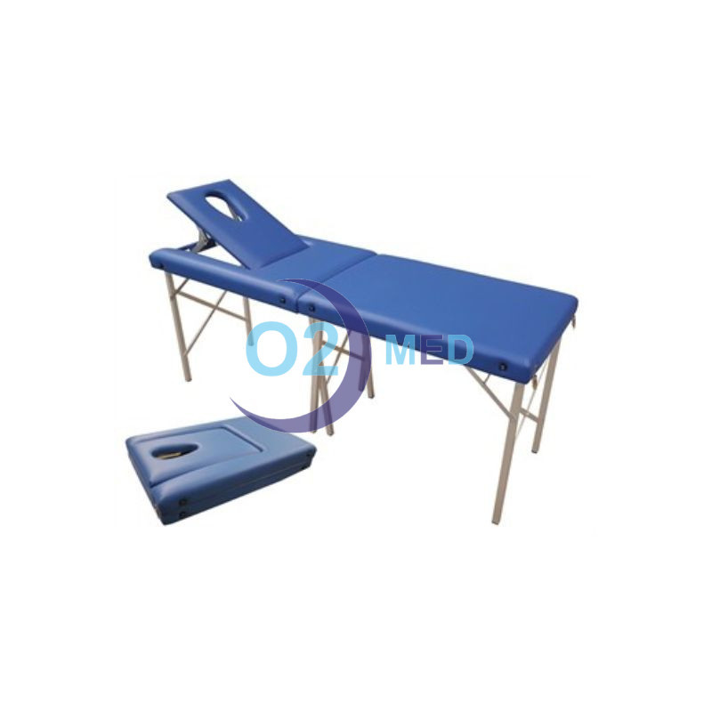 Lettino a valigia in alluminio con schienale con foro blu - distribuito da O2 Med