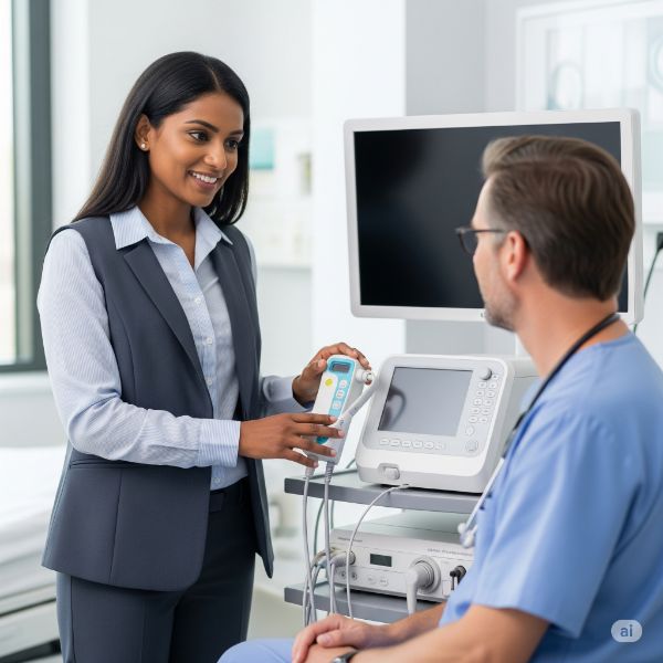 Agente di vendita che mostra funzionamento apparecchiatura elettromedicale