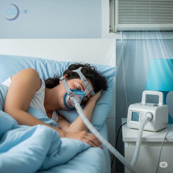 Donna-che-dorme-durante-terapia-cpap-nella-stanza-da-letto-climatizzata