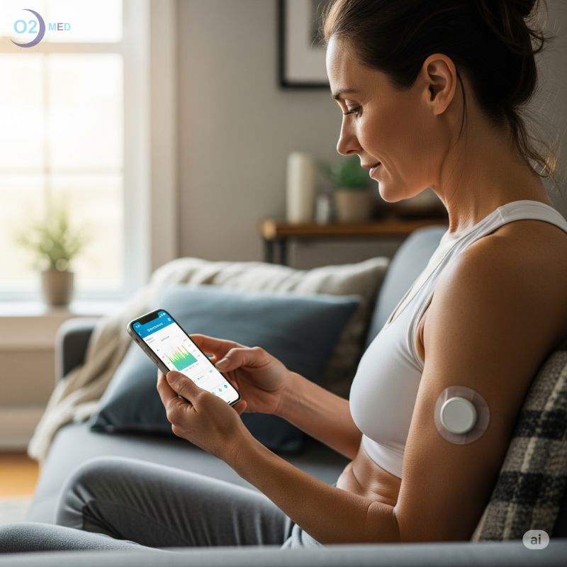 Donna-con-dispositivo-wearable-per-monitoraggio-glicemia