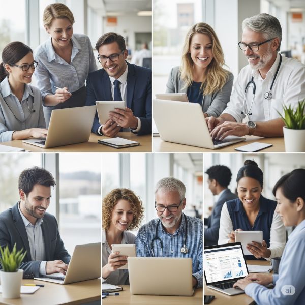 Gruppo di lavoro che collabora con professionista sanitario